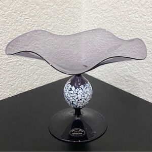 Vintage ANDREAS GLAS Lauscha Amethyst Purple Ruffled Pedestal Compote Candy Dish